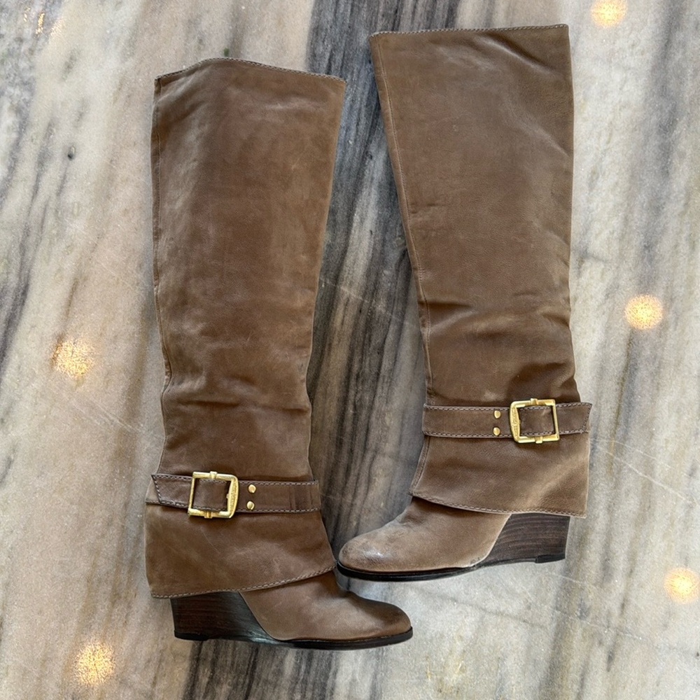 Vince Camuto Alician tall knee high wedge boots taupe suede